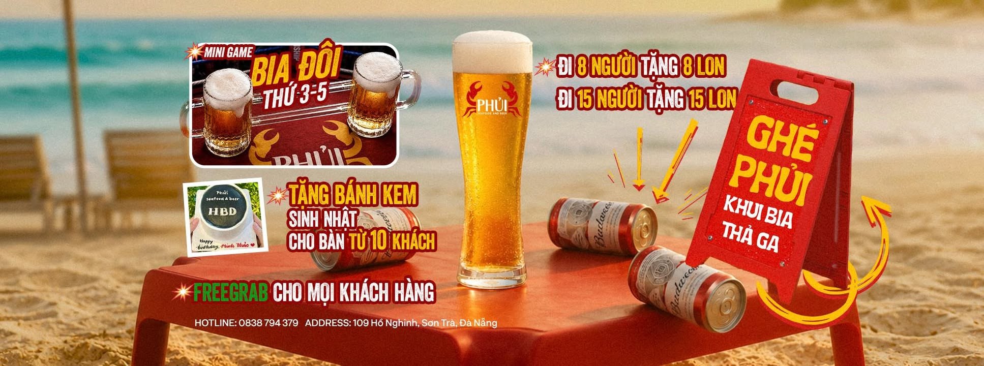 Bia Phủi trên bàn đỏ cạnh bờ biển